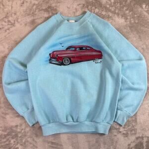 Vintage 90s Car Graphic Crewneck Sweatshirt Blue USA Made Size M